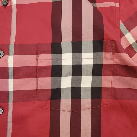 Burberry London Red Check Stretch Button Down Longsleeve Shirt M Cotton Luxury - Picture 4 of 12